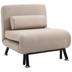 HOMCOM Enoposteljni fotelj z ležiščem in oblazinjeno blazino, kovinski okvir in nastavljivo naslonjalo 90-180°, bež