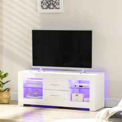 HOMCOM 55-palčno televizijsko stojalo z 12 barvnimi lučmi LED in daljinskim upravljalnikom, leseno pohištvo za dnevno sobo s steklenimi policami, 120x