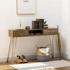 HOMCOM konzolna mizica za predsobo in dnevno sobo iz iverne plošče in jekla z mizno ploščo, odprto polico in 2 predaloma, 120x29x79cm, bronasta