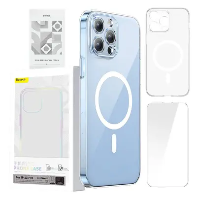 Baseus Magnetic Crystal Clear zaščitni ovitek za iPhone 13 Pro (prozoren) + kaljeno steklo + komplet za čiščenje
