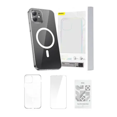 Baseus Magnetic Crystal Clear zaščitni ovitek za iPhone 12 (prozoren) + kaljeno steklo + komplet za čiščenje