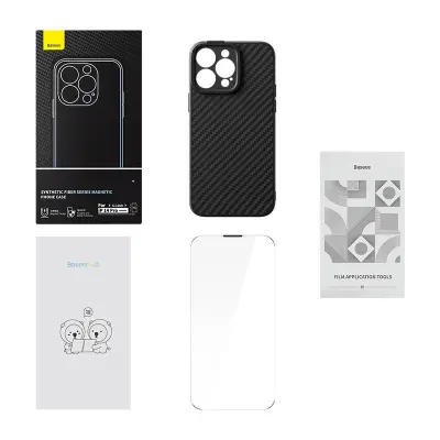 Baseus Synthetic Fiber Series magnetno ohišje za iPhone 14 Pro (črno) + kaljeno steklo + komplet za čiščenje