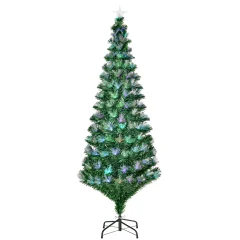 HOMCOM božično drevo 180 cm z 230 lučkami LED in barvnimi optičnimi vlakni, 230 ognjevarnimi vejami iz PVC in kovinsko podlago