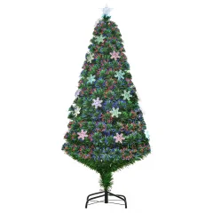HOMCOM Umetno božično drevo 150 cm z optičnimi vlakni in 21 lučkami LED, okraski s snežinkami, zeleno