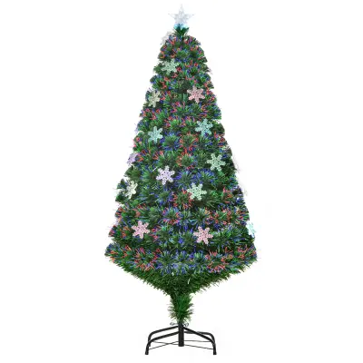HOMCOM Umetno božično drevo 150 cm z optičnimi vlakni in 21 lučkami LED, okraski s snežinkami, zeleno