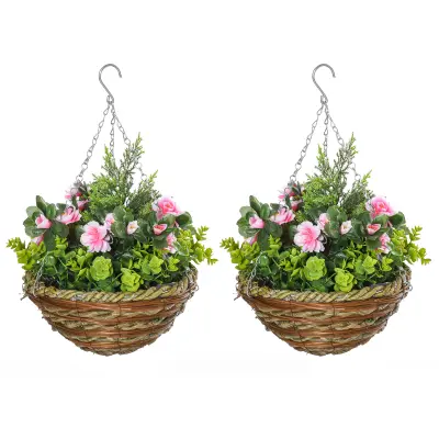 Outsunny Komplet 2 umetnih rastlin Lisianthus za obešanje v zaprtih prostorih in na prostem z vazo iz protja in verigami, Φ25x34cm, roza in zelena
