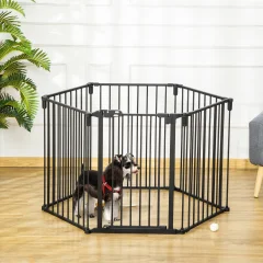 PawHut 6-sekcijska zložljiva varnostna vrata, jeklena zaporna vrata za pse, sistem samodejnega zaklepanja in zapiranja, črna