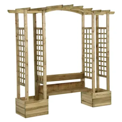 vidaXL Vrtna pergola s klopjo in koriti impregnirana trdna borovina