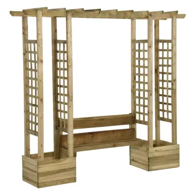vidaXL Vrtna pergola s klopjo in koriti impregnirana trdna borovina