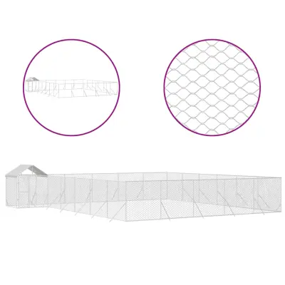 vidaXL Zunanja pasja ograda s streho srebrna 12x12x2,5 m pocink. jeklo