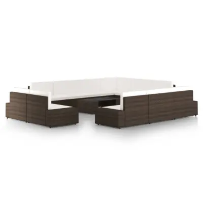 vidaXL Vrtna sedežna garnitura 12-delna z blazinami rjav poli ratan