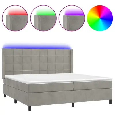 vidaXL Box spring postelja z vzmetnico LED svetlo siva 200x200cm žamet