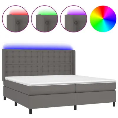 vidaXL Box spring postelja z vzmetnico LED siva 200x200cm umetno usnje