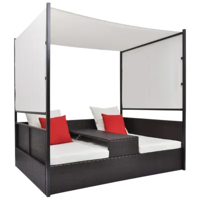 vidaXL Vrtna postelja s streho poli ratan 190x130 cm rjava