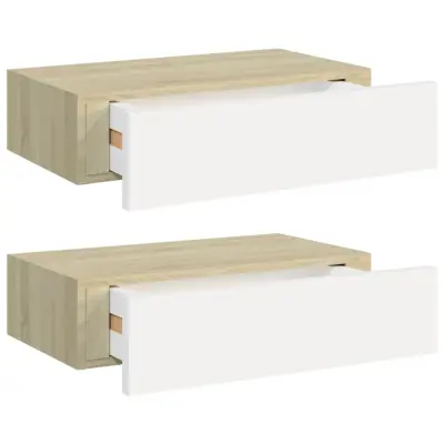 vidaXL Stenska polica s predalom 2 kosa hrast in bela 40x23,5x10cm MDF