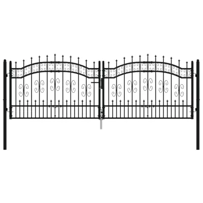 vidaXL Vrata za ograjo s suličastim vrhom črna 305x151 cm prašno jeklo