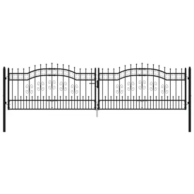 vidaXL Vrata za ograjo s suličastim vrhom črna 406x151 cm prašno jeklo