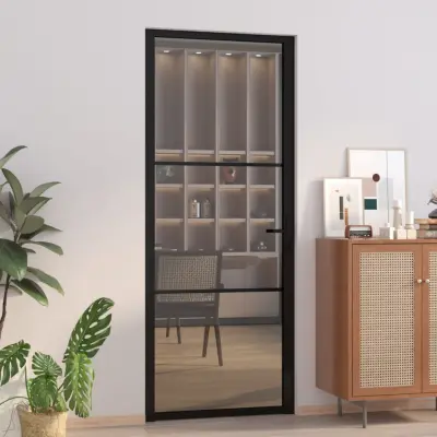 vidaXL Notranja vrata 83x201,5 cm črno ESG steklo in aluminij