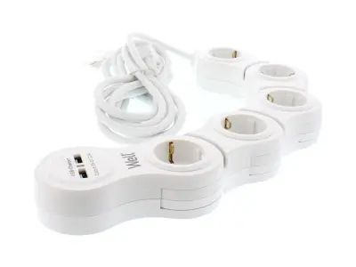 Razdelilec WELL 220V 1/5 5m USB, stikalo, nastavljiv, 3x1.5mm