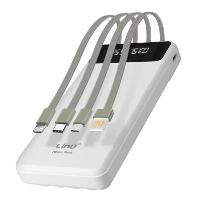 Rezervna baterija 15000 mAh, snemljiv kabel 4 v 1, LinQ - bela