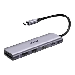 Hub adapter 6 v 1 UGREEN CM195 USB-C na 2x USB 3.0, HDMI, SD/microSD, 100W (siv)
