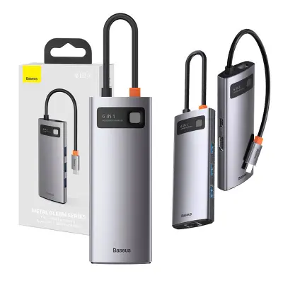 Hub 6v1 Baseus Metal Gleam Series, USB-C do 3x USB 3.0 + HDMI + USB-C PD + Ethernet RJ45