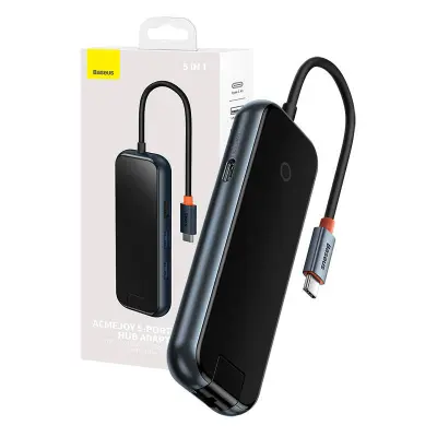 Hub 5v1 Baseus AcmeJoy series USB-C do 2xUSB 3.0 + USB 2.0 + USB-C PD + RJ45 (temno siv)