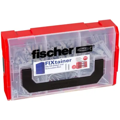 Nemška škatla s sortimentom Fischer FIXtainer za vijake in vložke SX-Dübel, številka 532891.