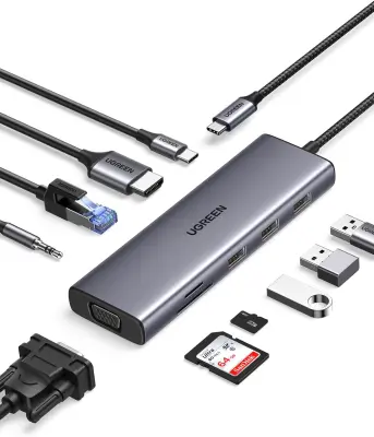 UGREEN USB C Hub, 10-v-1 USB-C z dvojnim izhodom za zaslon 4K HDMI & VGA, 100W PD