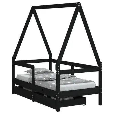 vidaXL Otroški posteljni okvir s predali črn 70x140 cm trdna borovina