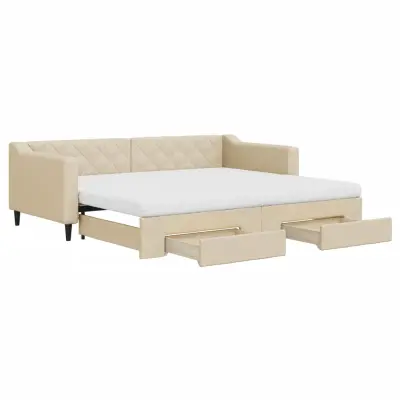 vidaXL Izvlečna dnevna postelja s predali krem 90x200 cm blago