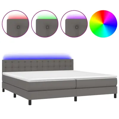 vidaXL Box spring postelja z vzmetnico LED siva 200x200cm umetno usnje
