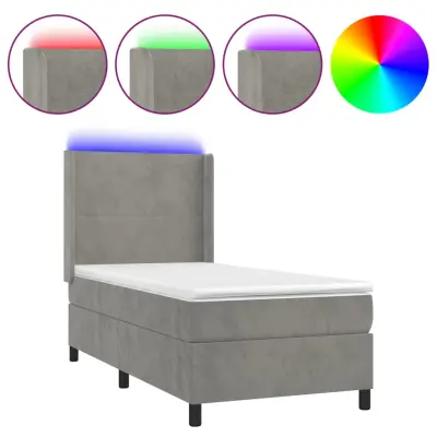 vidaXL Box spring postelja z vzmetnico LED svetlo siva 90x200 cm žamet