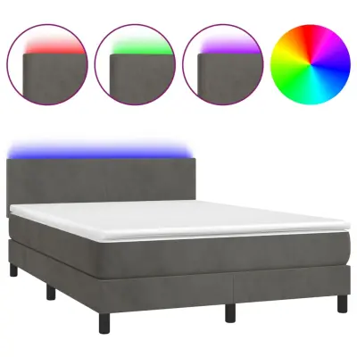 vidaXL Box spring postelja z vzmetnico LED temno siva 140x200 cm žamet
