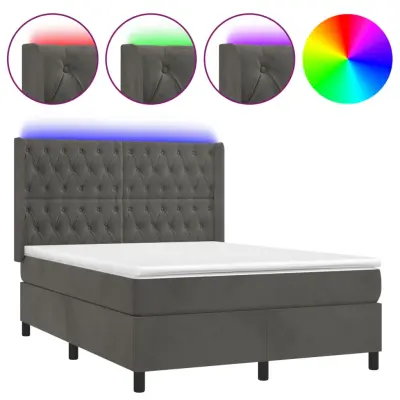 vidaXL Box spring postelja z vzmetnico LED temno siva 140x190 cm žamet