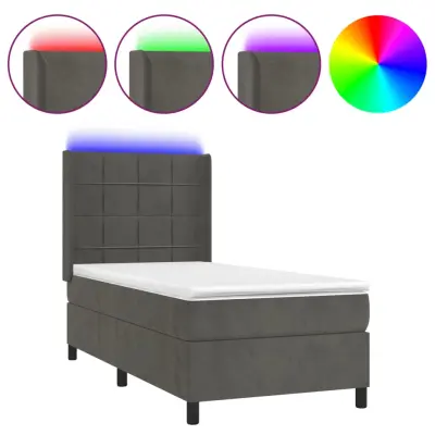 vidaXL Box spring postelja z vzmetnico LED temno siva 90x200 cm žamet
