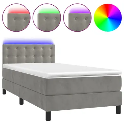 vidaXL Box spring postelja z vzmetnico LED svetlo siva 90x200 cm žamet
