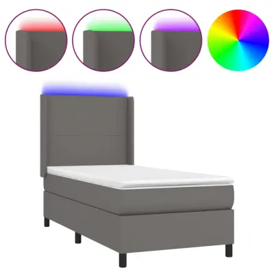 vidaXL Box spring postelja z vzmetnico LED siva 90x200 cm umetno usnje