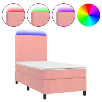 vidaXL Box spring postelja z vzmetnico LED roza 100x200 cm žamet