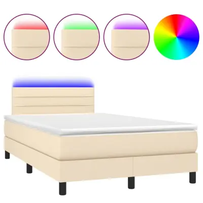 vidaXL Box spring postelja z vzmetnico LED krem 120x200 cm blago