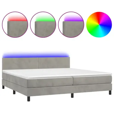 vidaXL Box spring postelja z vzmetnico LED svetlo siva 200x200cm žamet