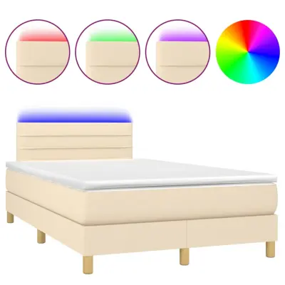 vidaXL Box spring postelja z vzmetnico LED krem 120x200 cm blago