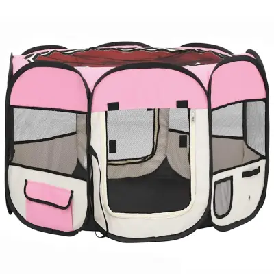 vidaXL Zložljiva pasja ograjica s torbo roza 90x90x58 cm