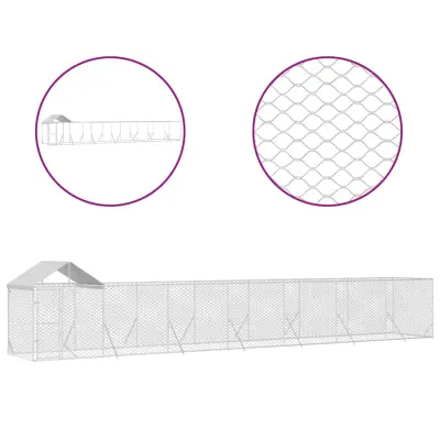 vidaXL Zunanja pasja ograda s streho srebrna 14x2x2,5m pocinkano jeklo