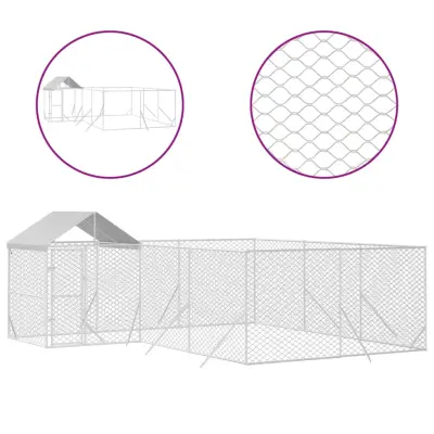vidaXL Zunanja pasja ograda s streho srebrna 6x6x2,5 m pocinkano jeklo