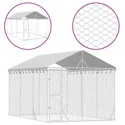 vidaXL Zunanja pasja ograda s streho srebrna 3x4,5x2,5 m pocink. jeklo