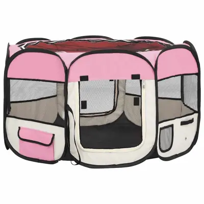 vidaXL Zložljiva pasja ograjica s torbo roza 110x110x58 cm