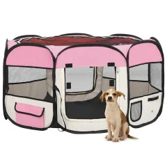 vidaXL Zložljiva pasja ograjica s torbo roza 125x125x61 cm