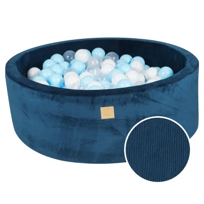 MeowBaby® Round Ball Pit z žogicami 7cm za otroka, 90x30cm/200 žogic, Corduroy žamet, morsko modra: bela, baby modra, prozorna