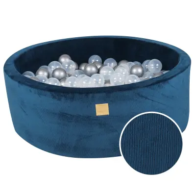 MeowBaby® Round Ball Pit z žogicami 7cm za otroka, 90x30cm/200 žogic, Corduroy žamet, morsko modra: prozorna, srebrna